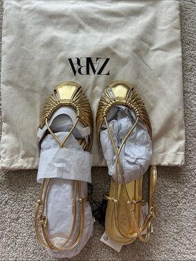 ZARA Metallic Gold Braided Strappy Sandals